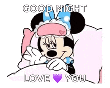 a cartoon of minnie mouse laying in bed with the words `` good night love you '' written on it