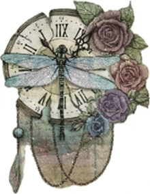 a dragonfly is sitting on a clock with roman numerals xii on it