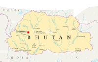 a map of bhutan shows the location of thimphu in red