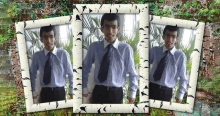 three pictures of a man in a blue shirt and tie are framed