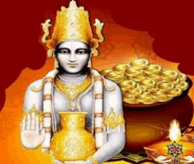 a statue of a deity holding a vase of gold coins .