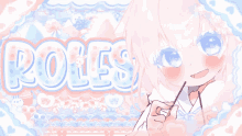 a girl with pink hair is holding a lollipop in front of the word roles