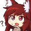 a cartoon girl with red hair and white ears is holding her hand to her chin and has a question mark on her face .