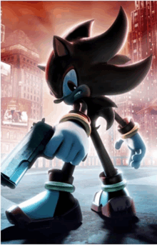 shadow the hedgehog is holding a gun in his hand