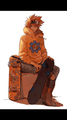 a drawing of a person sitting on a box with a skateboard and a hoodie that has a gear on it