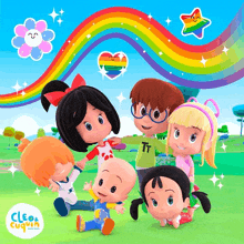 a group of children from cleo and cuquin are posing for a picture with a rainbow in the background