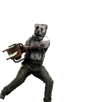 a person with a bag on their head holding a chainsaw