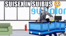 a cartoon of a girl in a blue bus with the words " suisex in suibus " on the bottom