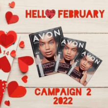 three avon magazines are sitting on a wooden table surrounded by hearts