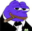 a purple frog in a tuxedo smoking a cigar .