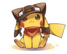 a cartoon pikachu wearing a hat and goggles is sitting down .