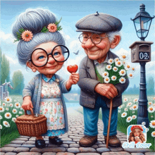a cartoon of an elderly couple standing next to each other with a mailbox that says 092 on it