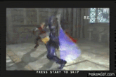 a video game is being played on a screen with the words press start to skip .