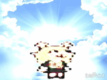 a pixel art of a person flying through the air with the sun shining through the clouds