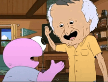 a cartoon character giving a high five to another character with a pennant that says boo on it