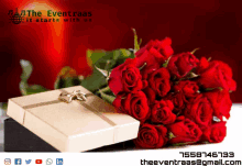 a bouquet of red roses sits next to a gift box that says the eventraas