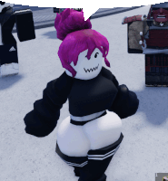 a cartoon character with purple hair is wearing a black and white outfit