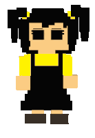 a pixel art drawing of a little girl with pigtails wearing overalls and a yellow shirt .