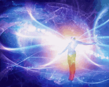 a silhouette of a person with their arms outstretched is surrounded by blue and purple lights