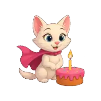 a white cat with a pink cape stands next to a birthday cake with a candle