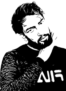 a black and white drawing of a man with a beard wearing a sweater with the word air on it