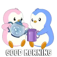 two penguins are sitting next to each other holding cups and a teapot with the words good morning written above them