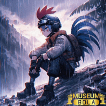 a person with a rooster 's tail is sitting in the rain with a museum bola logo in the background