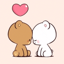 a brown and white teddy bear are kissing under a heart .