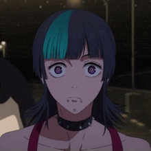 a close up of a girl with purple eyes