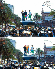 a group of people are standing on top of a bus with a sign that says photography & design on it