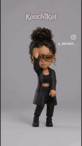 a cartoon girl wearing sunglasses and a black coat is standing in front of a koochikat logo
