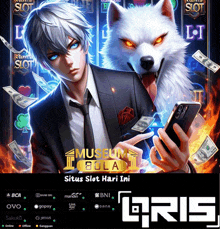 a man in a suit and tie is holding a cell phone next to a white wolf