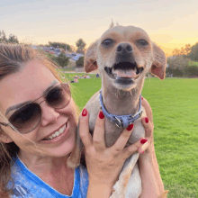 a woman wearing sunglasses is holding a small brown and white dog