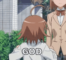 a girl in a school uniform is standing next to another girl with the word god on her shirt .