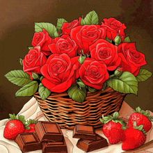 a basket of red roses sits on a table next to chocolate and strawberries