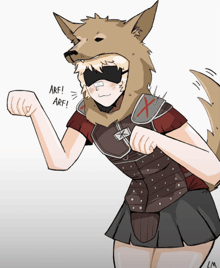 a drawing of a person wearing a wolf costume with arf written on it