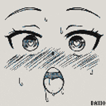 a black and white drawing of a girl 's face with the name baxio on the bottom