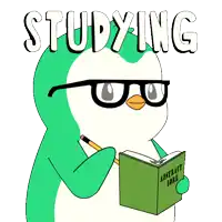 a cartoon of a penguin studying with a book called abstract love