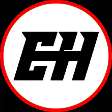 a black and white logo with a red circle around the letter h