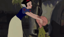 a cartoon of snow white touching a gnome 's nose