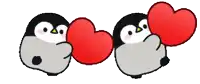 two penguins holding hearts in their mouths on a white background