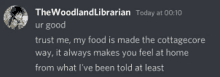 a screenshot of a discord conversation between the woodlandlibrarian and another person