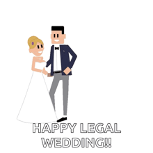 a cartoon of a bride and groom holding hands with the words just married below them
