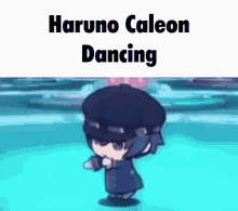 a cartoon character is dancing with the words haruno caleon dancing below him .