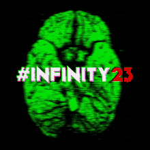 a green brain with the words #infinity23 in red