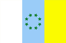 a blue white and yellow flag with a circle of green stars on it