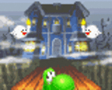 a green ghost is standing in front of a haunted house with ghosts flying around it .