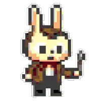 a pixel art of a rabbit wearing a suit and tie holding a cigarette .