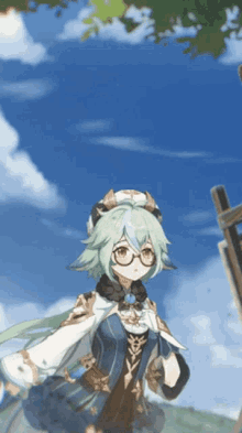 a girl with green hair and glasses stands in a field