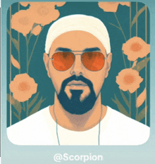 a drawing of a man with a beard and sunglasses with the name scorpion below him